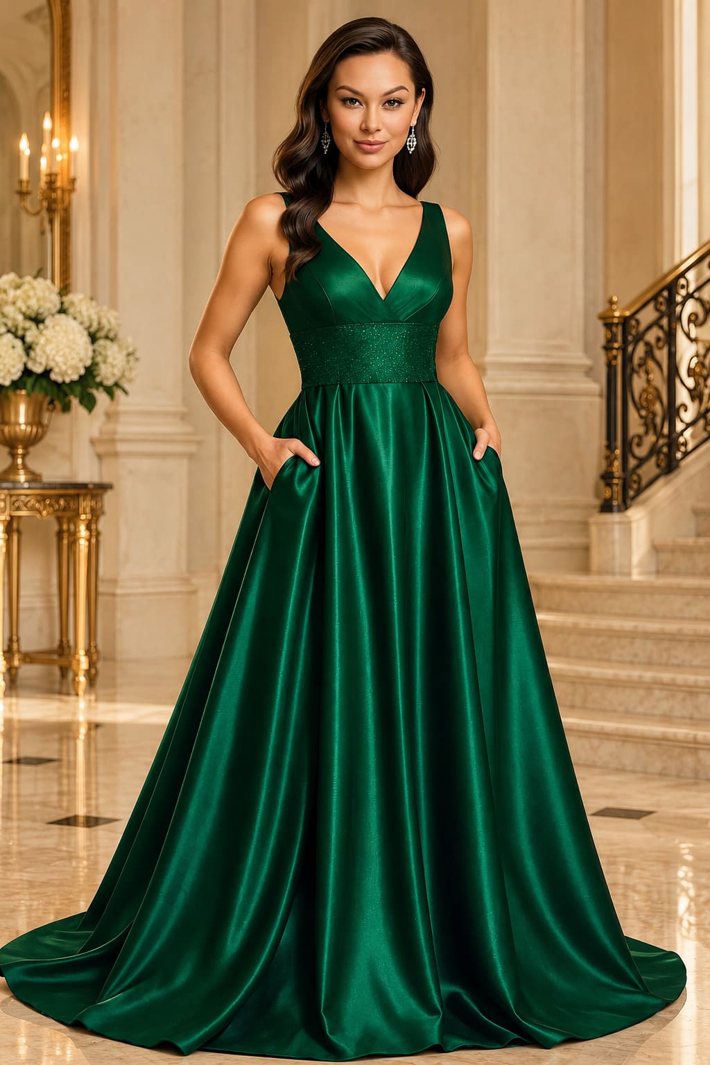 Robe Longue Satin Vert Emeraude