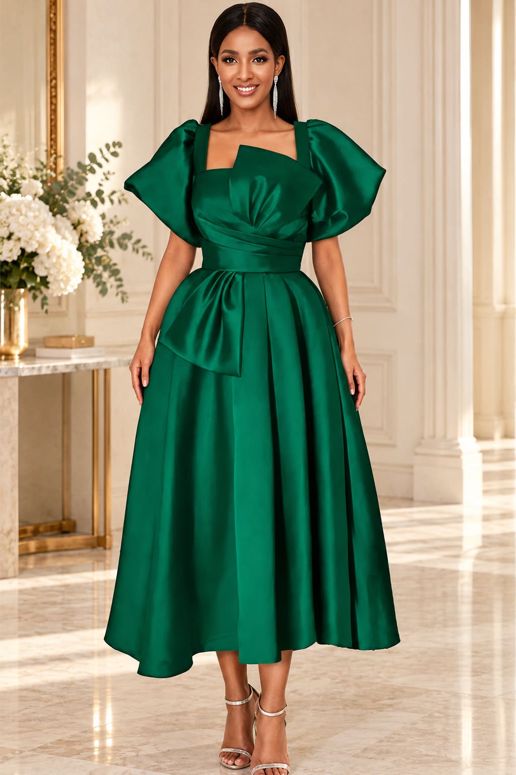Robe Vert Emeraude Manches Bouffantes