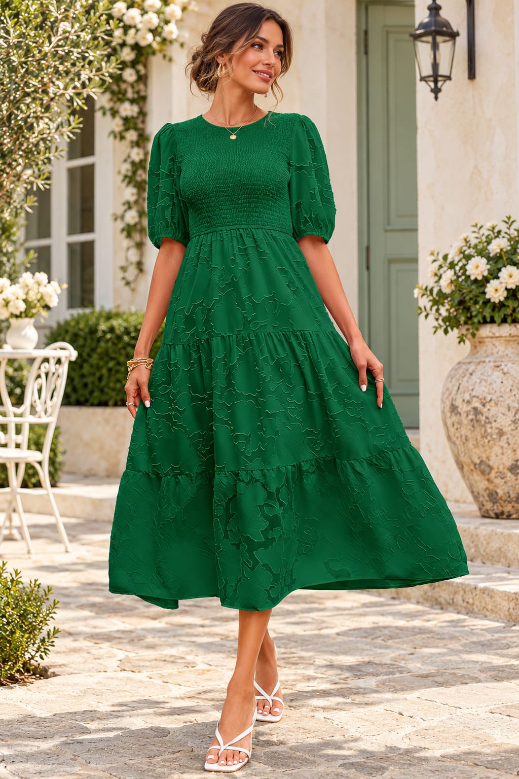 Robe Vert Emeraude Volantée